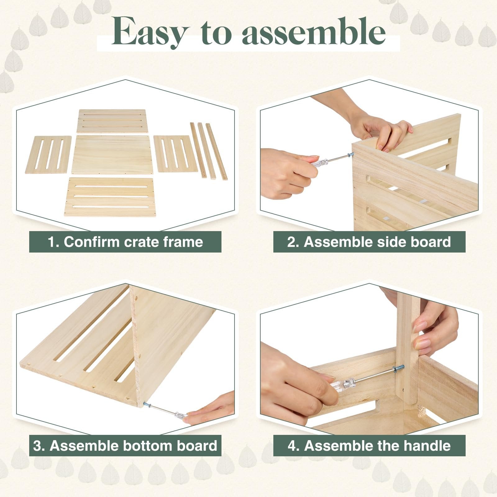 Assembly instructions for a wooden baby shower crate, showing parts and steps to confirm frame, assemble side, bottom, and handle.