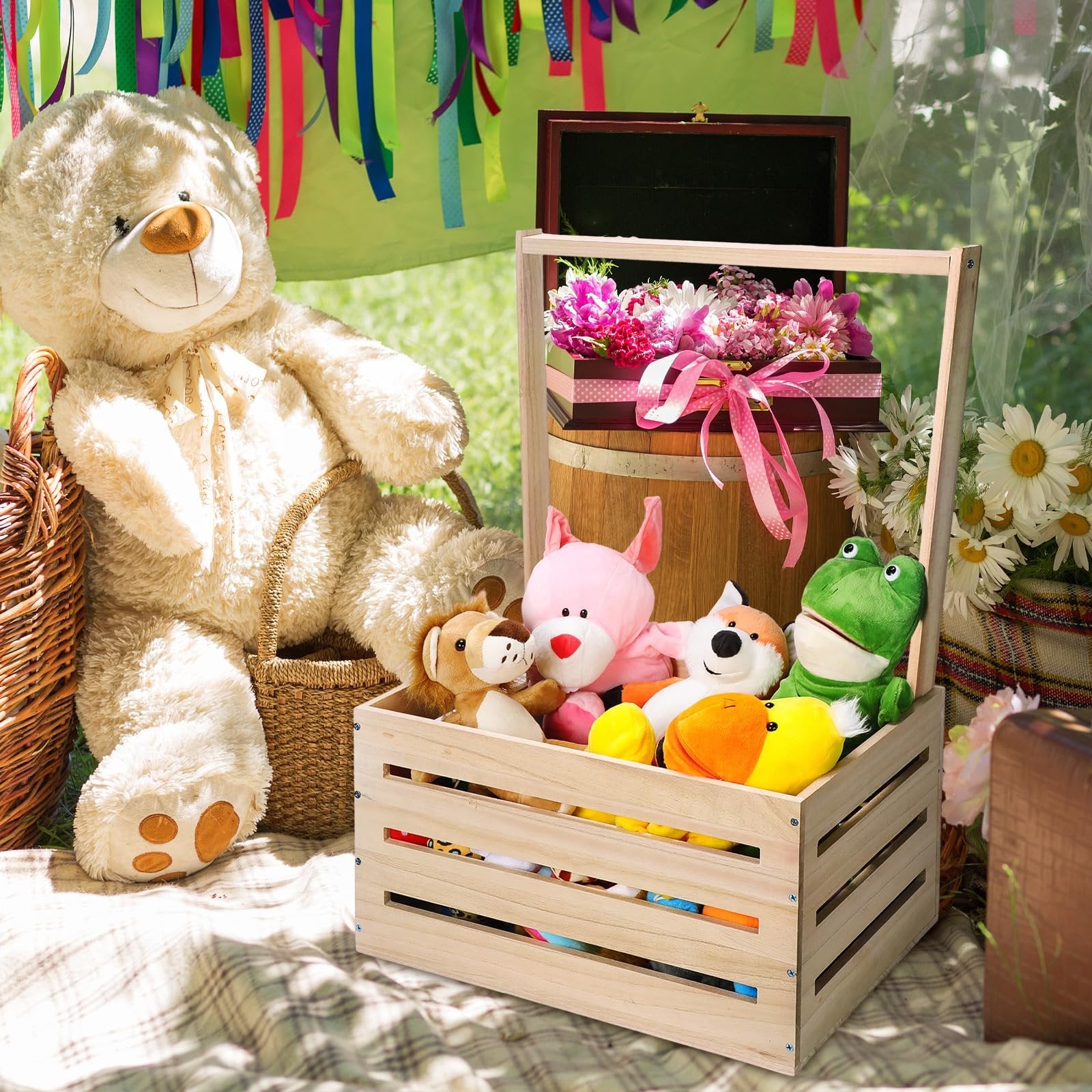 Wooden baby shower crate filled with plush toys and flowers, next to a large teddy bear.