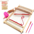 Wooden weaving loom kit with pink yarn, shuttle sticks, heddle bar, combs, and needles. A small woven tapestry is shown in the upper left corner.