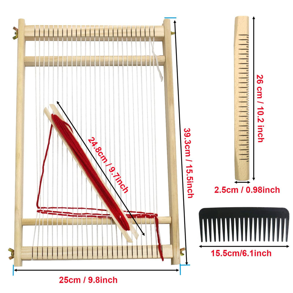 Wooden weaving loom frame with red yarn and shuttle sticks, shown with dimensions and a separate comb.