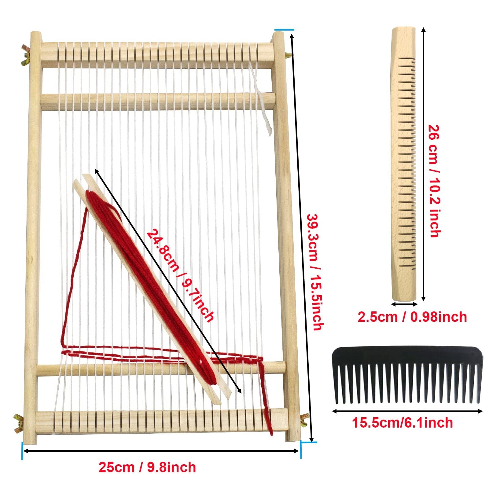 Wooden weaving loom frame with red yarn and shuttle sticks, shown with dimensions and a separate comb.