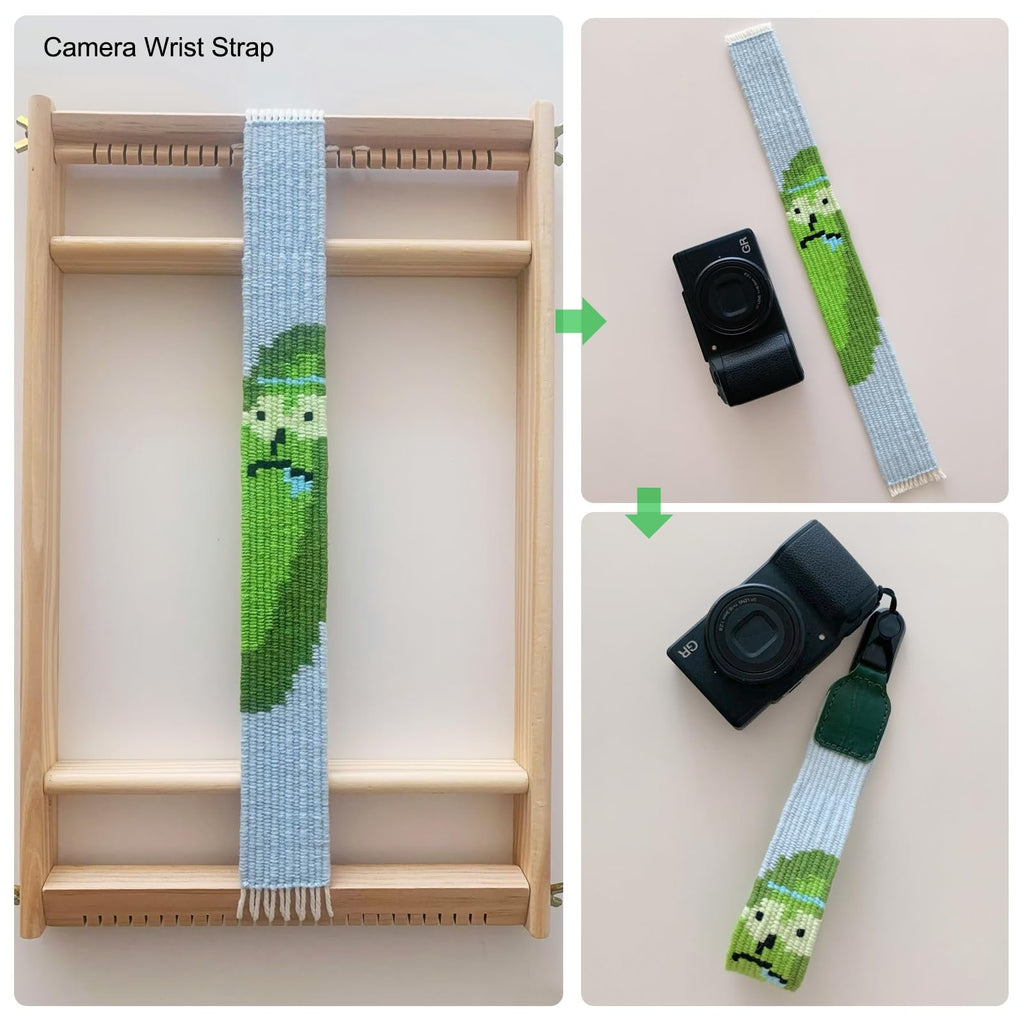 Woven camera wrist strap with a cartoon pickle character design, shown on a wooden loom and with a camera.