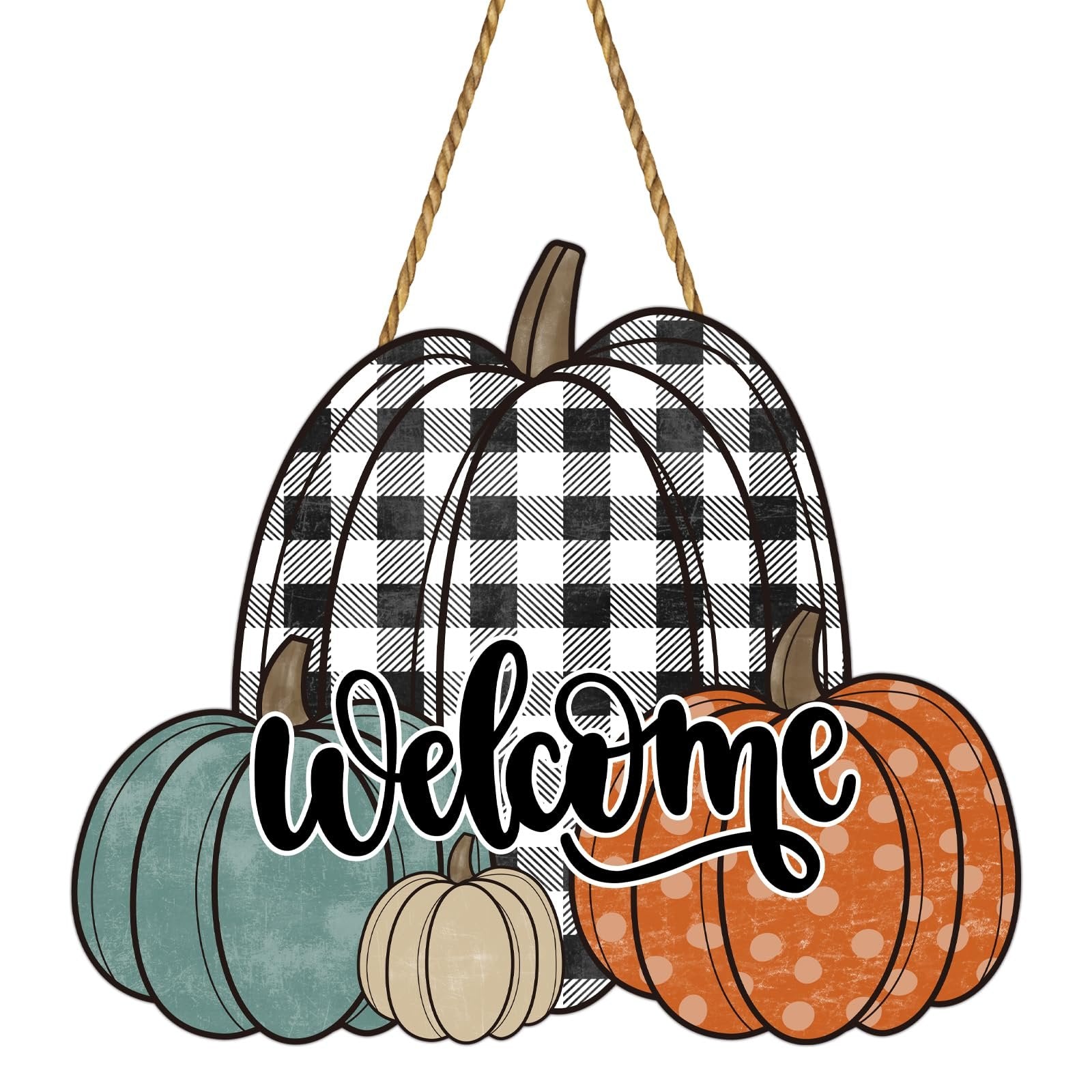 Hanging wooden sign with pumpkins and the word 'Welcome' in script font, on a white background.