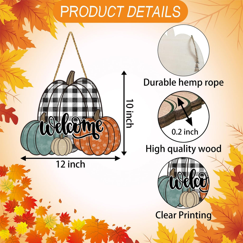 Wooden pumpkin welcome sign with fall leaves border, showing dimensions and material details.