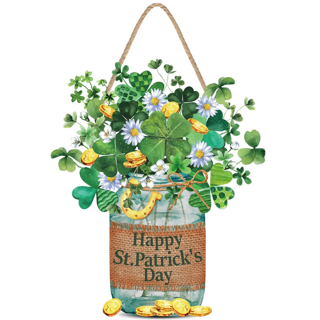 St. Patrick's Day hanging sign shaped like a jar with shamrocks, daisies, gold coins, and a horseshoe.