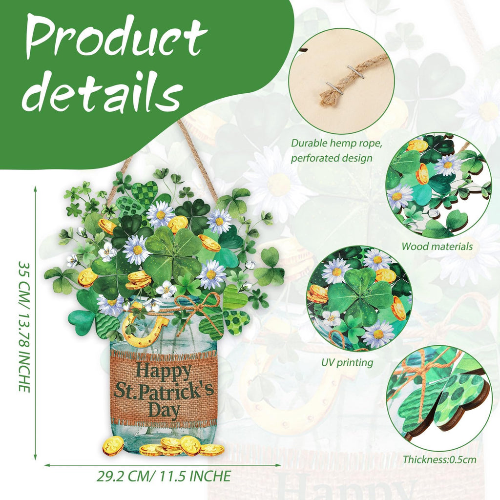 Wooden St. Patrick's Day hanging sign with shamrocks, flowers, and gold coins, showing dimensions and material details.