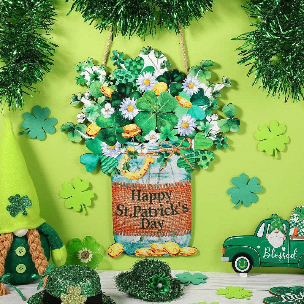 St. Patrick's Day hanging sign with shamrocks, daisies, and coins, next to a gnome and a truck.