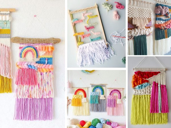 Collage of colorful woven wall hangings and a wooden weaving loom with yarn.