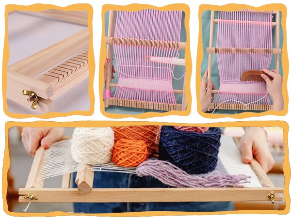 Wooden weaving loom kit with pink and white yarn being woven, close-up of heddle bar and shuttle, and balls of yarn.