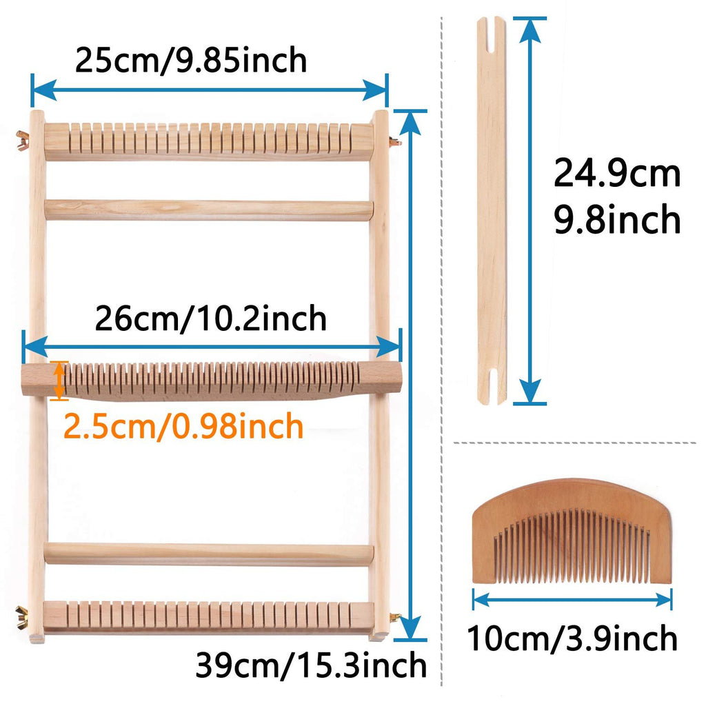 Wooden weaving loom kit with dimensions labeled, including a shuttle and comb.