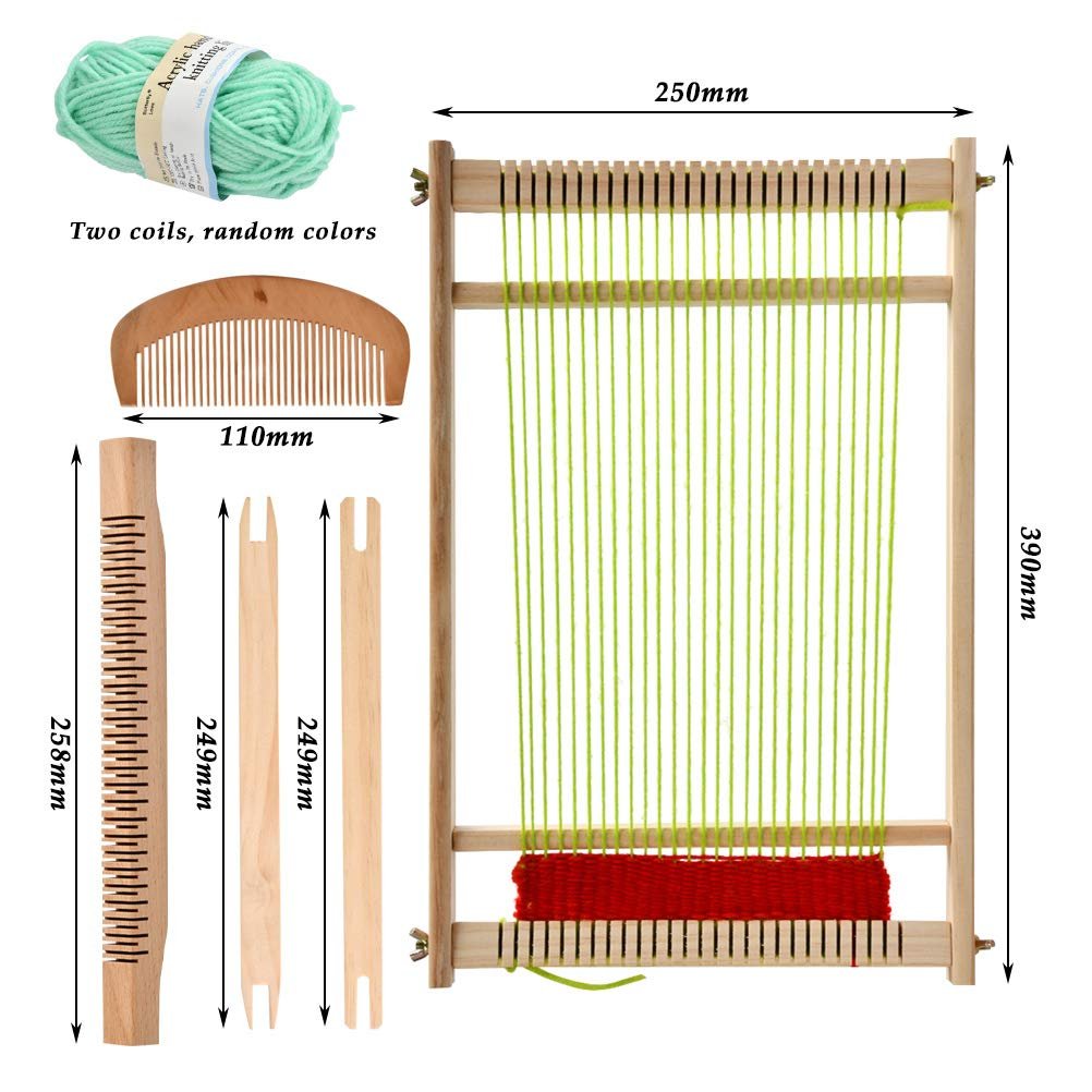 Wooden weaving loom kit with stand, comb, shuttles, and yarn, with dimensions labeled.