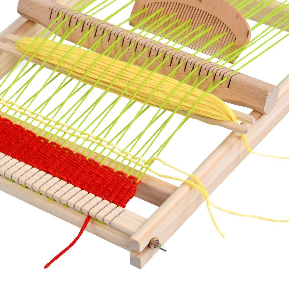 Wooden weaving loom with red and yellow yarn partially woven, includes wooden comb and shuttle.