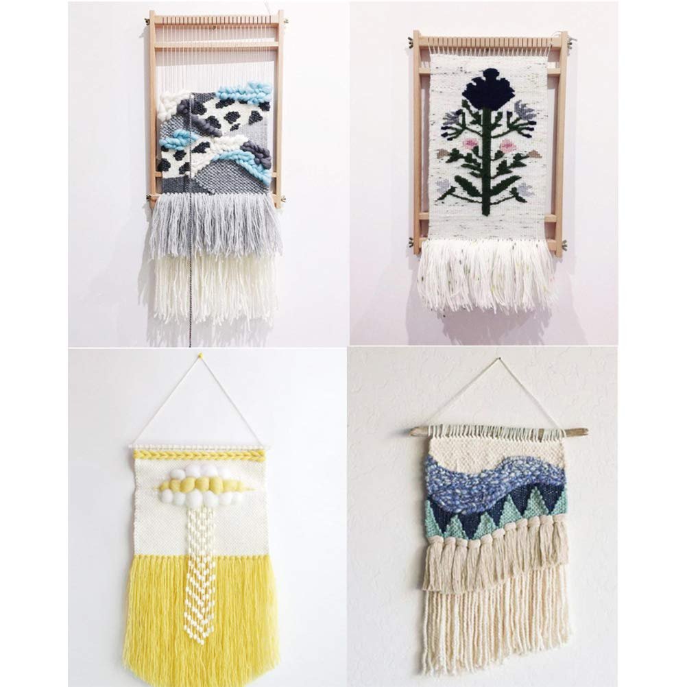 Four woven wall hangings displayed on a white wall, two on looms and two hanging