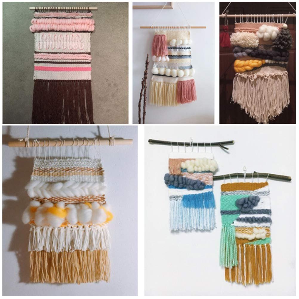 Collage of five woven tapestries in various styles and colors, displayed on walls and hanging from wooden dowels.