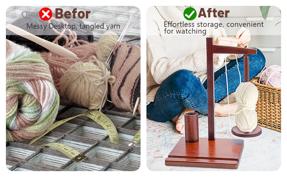 Comparison of messy yarn and knitting supplies before and after using a wooden yarn holder with a phone stand.
