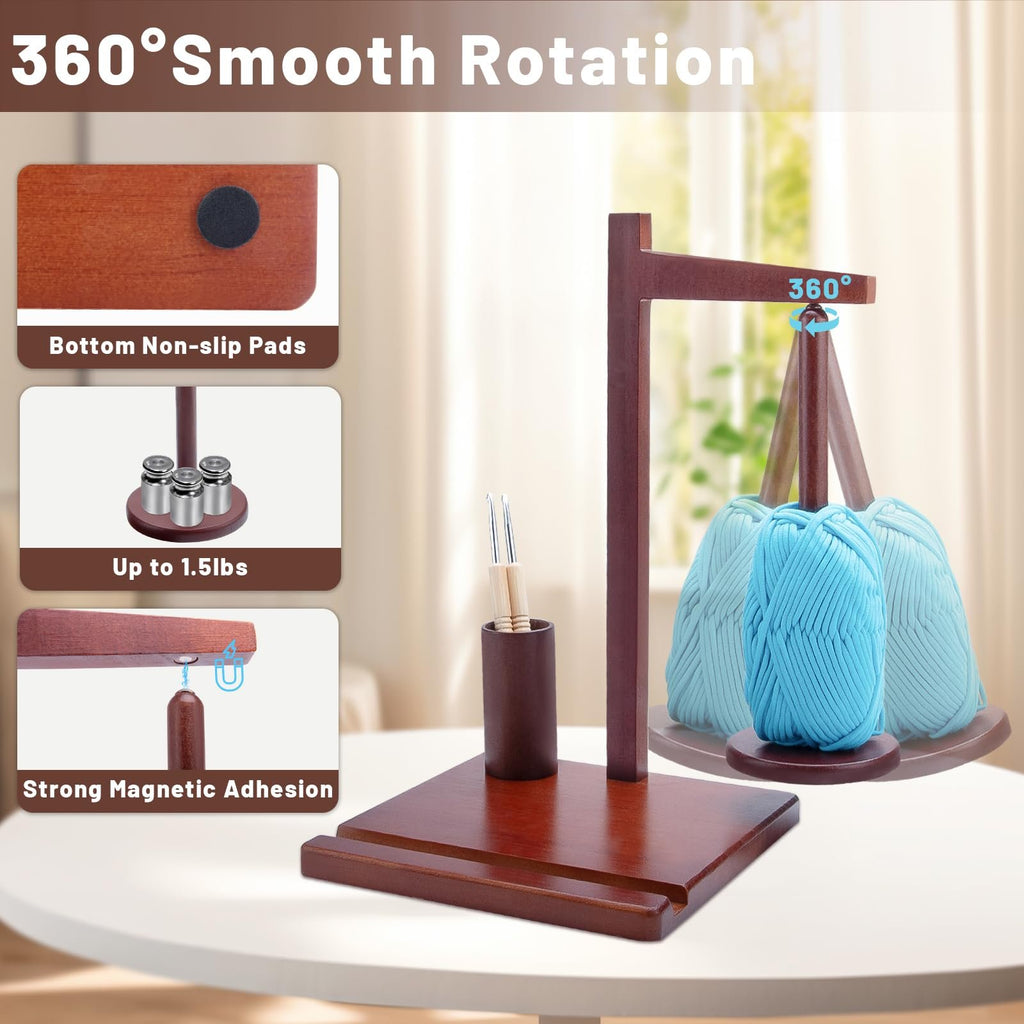 Wooden yarn holder spinner with crochet hooks and yarn balls, showing rotation and features.