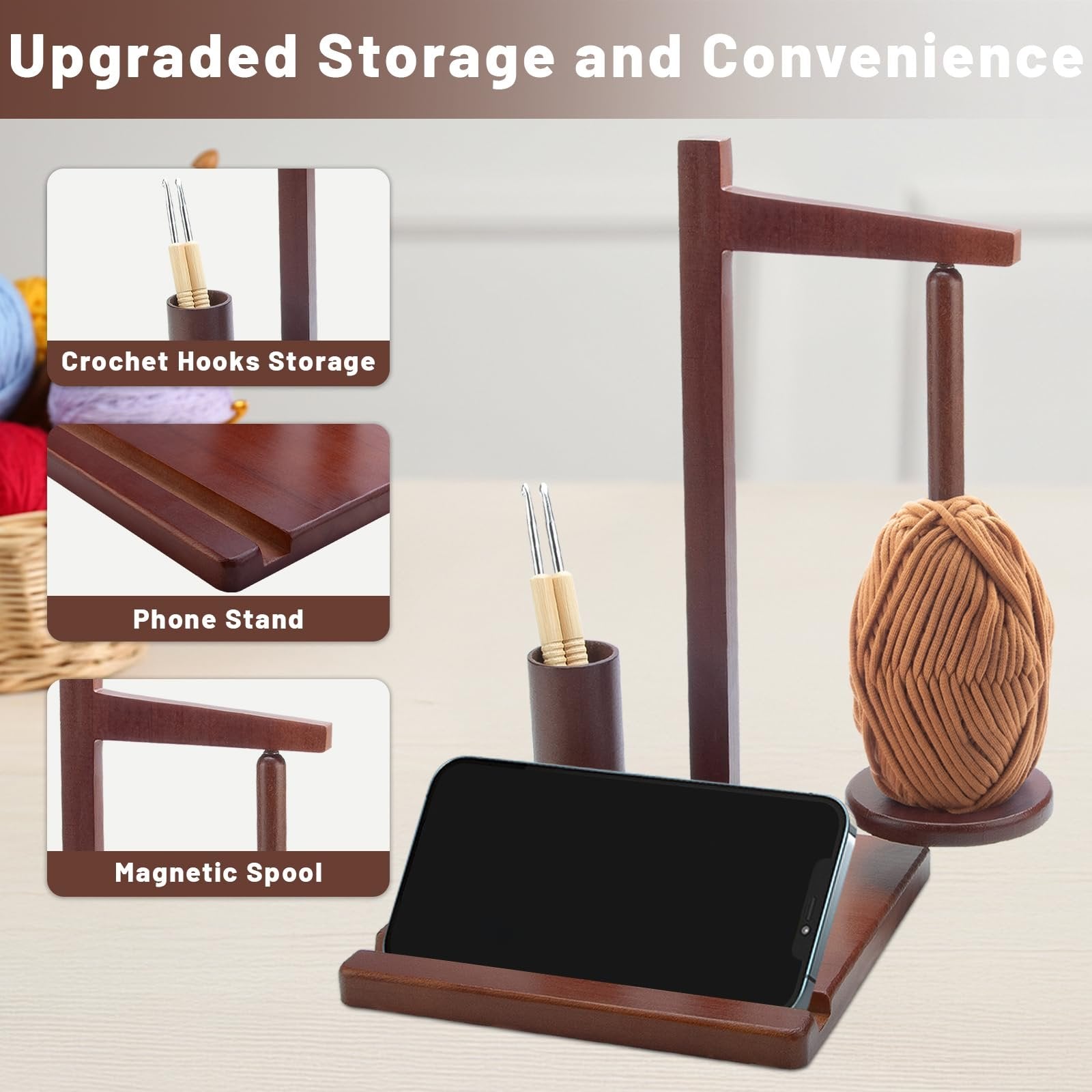 Wooden yarn holder with a ball of yarn, phone stand, and crochet hooks storage, showing features like magnetic spool and phone stand.