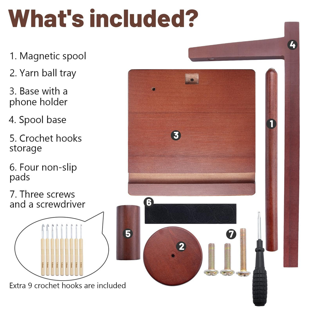Contents of a wooden yarn holder kit including a magnetic spool, yarn ball tray, base with phone holder, spool base, crochet hooks storage, non-slip pads, screws, and screwdriver.