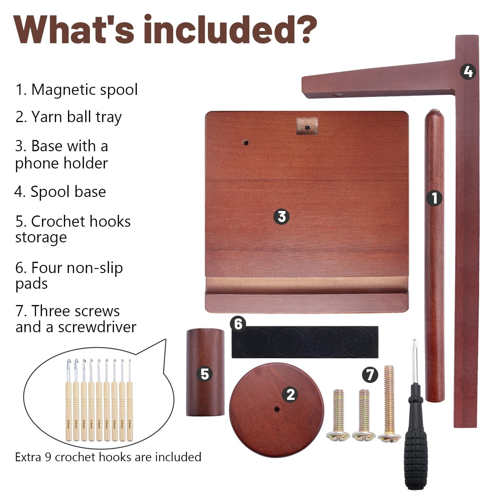 Contents of a wooden yarn holder kit including a magnetic spool, yarn ball tray, base with phone holder, spool base, crochet hooks storage, non-slip pads, screws, and screwdriver.