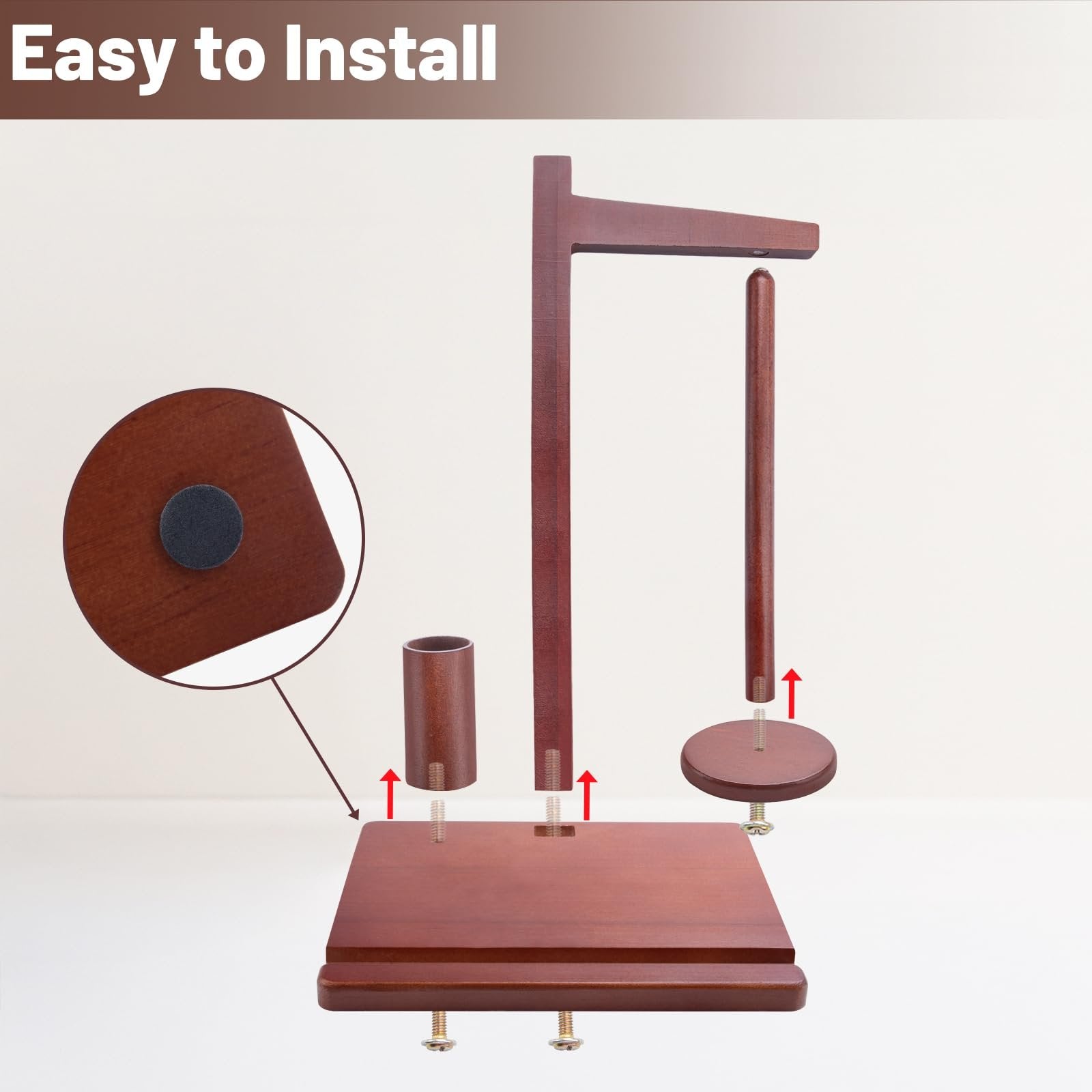 Wooden yarn holder assembly with close-up of felt pad on base and arrows indicating screw placement