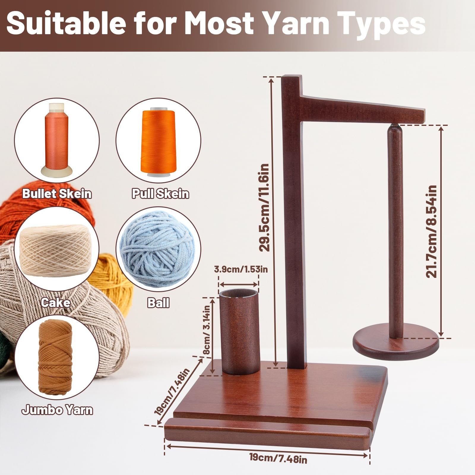 Wooden yarn holder with dimensions shown, displaying various yarn types like bullet skein, pull skein, cake, ball, and jumbo yarn.