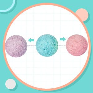Three wool felt pom pom balls in pink, teal, and light pink on a string, with arrows indicating spacing. Decorative graphic background.