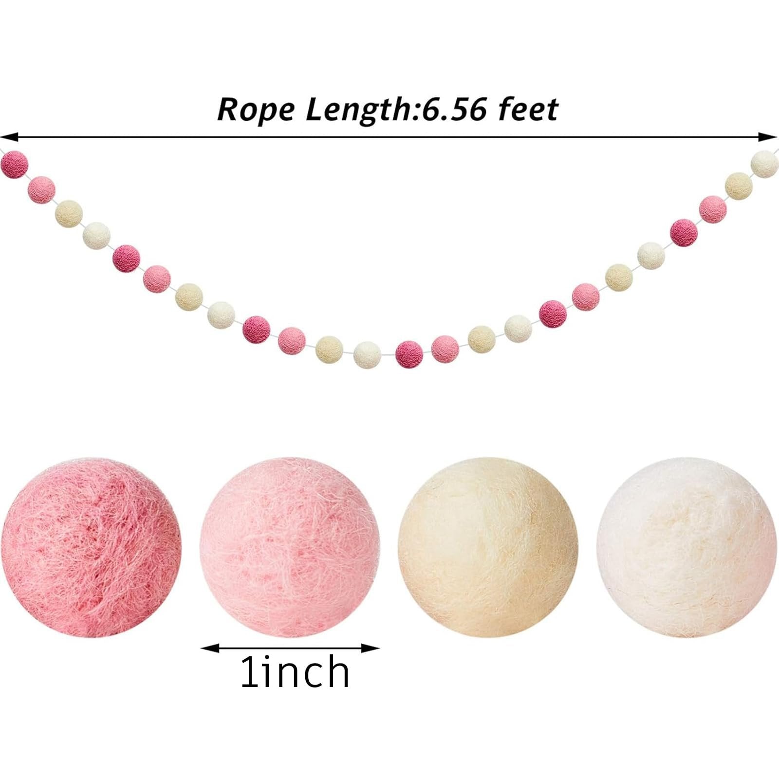 Wool felt pom pom garland in pink, light pink, beige, and white, with individual pom poms shown for size reference.