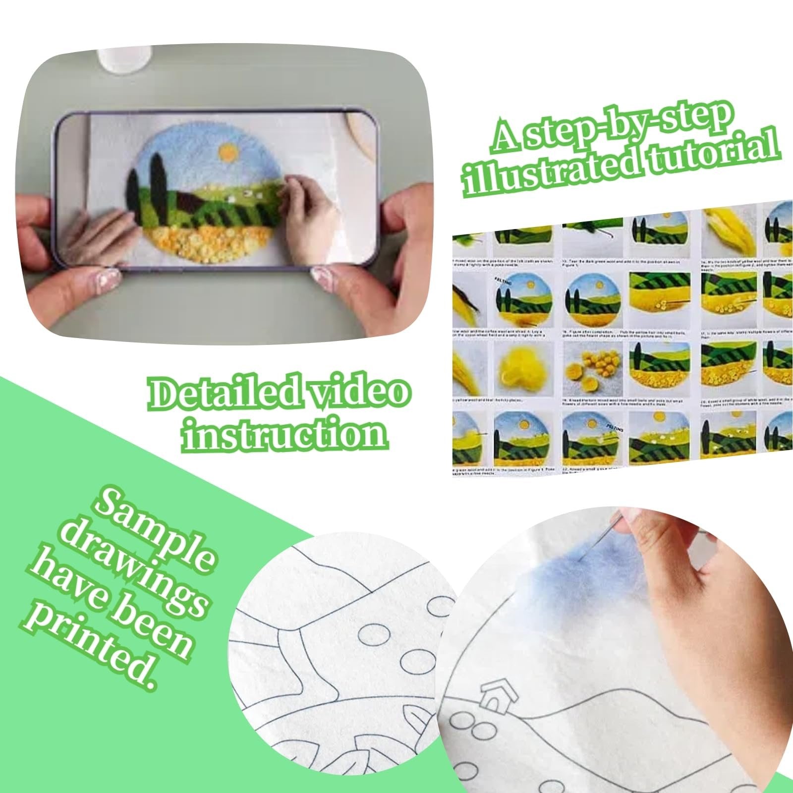 Wool needle felting kit showing a phone with a landscape design in progress and a printed felt canvas with instructions.