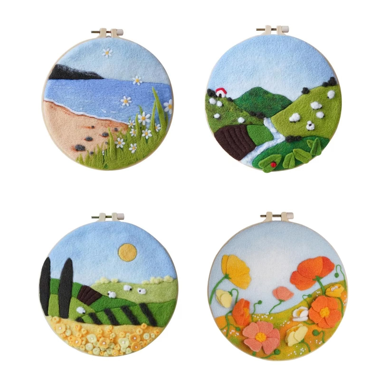 Four circular wool needle felt art pieces depicting landscapes: beach scene, rolling hills with sheep, field with trees and sheep, and a poppy field.