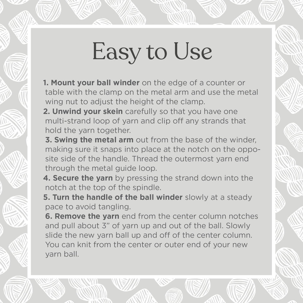 Instructions for using a yarn ball winder, with numbered steps on a grey background with yarn ball pattern.