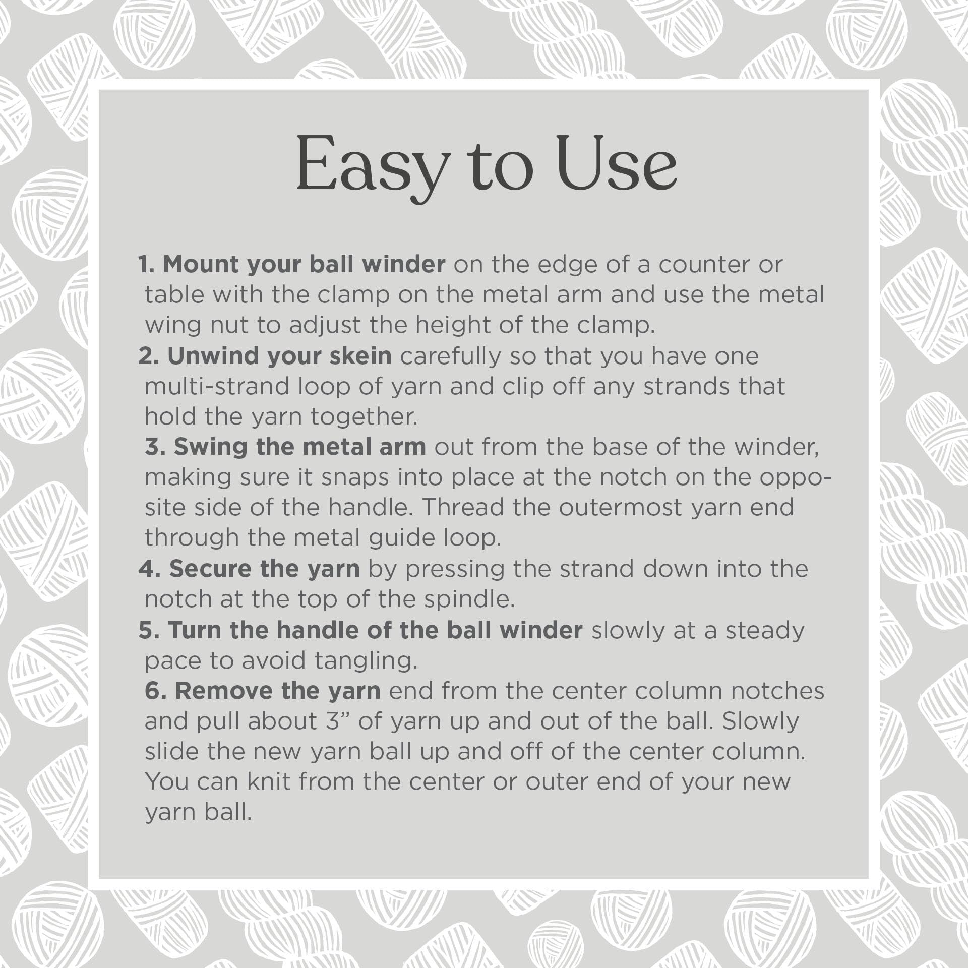 Instructions for using a yarn ball winder, with numbered steps on a grey background with yarn ball pattern.